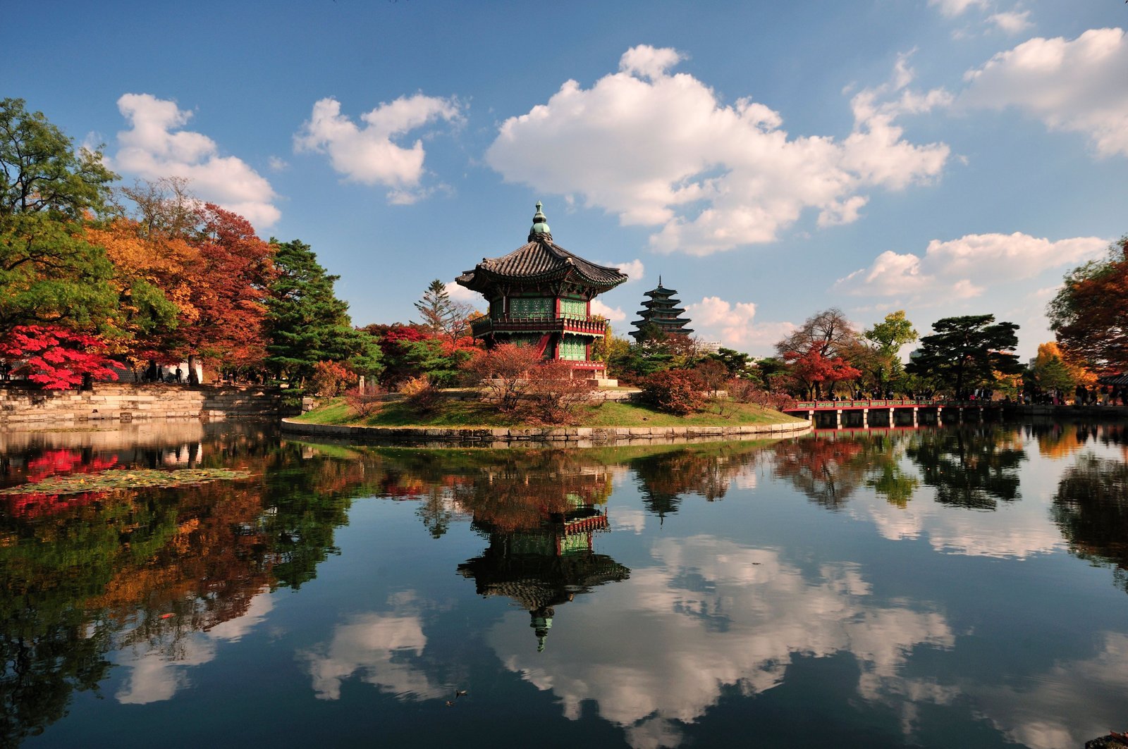 Hyangwonjeong in autumn, leaves and reflection together
