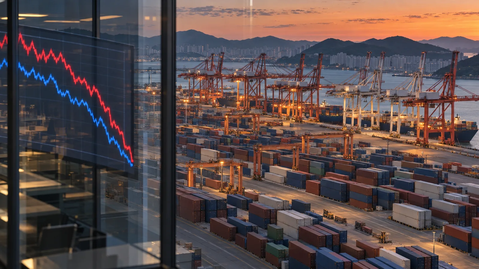 Container cranes and stacked boxes at Busan port at dusk, reflected behind a stock chart falling sharply