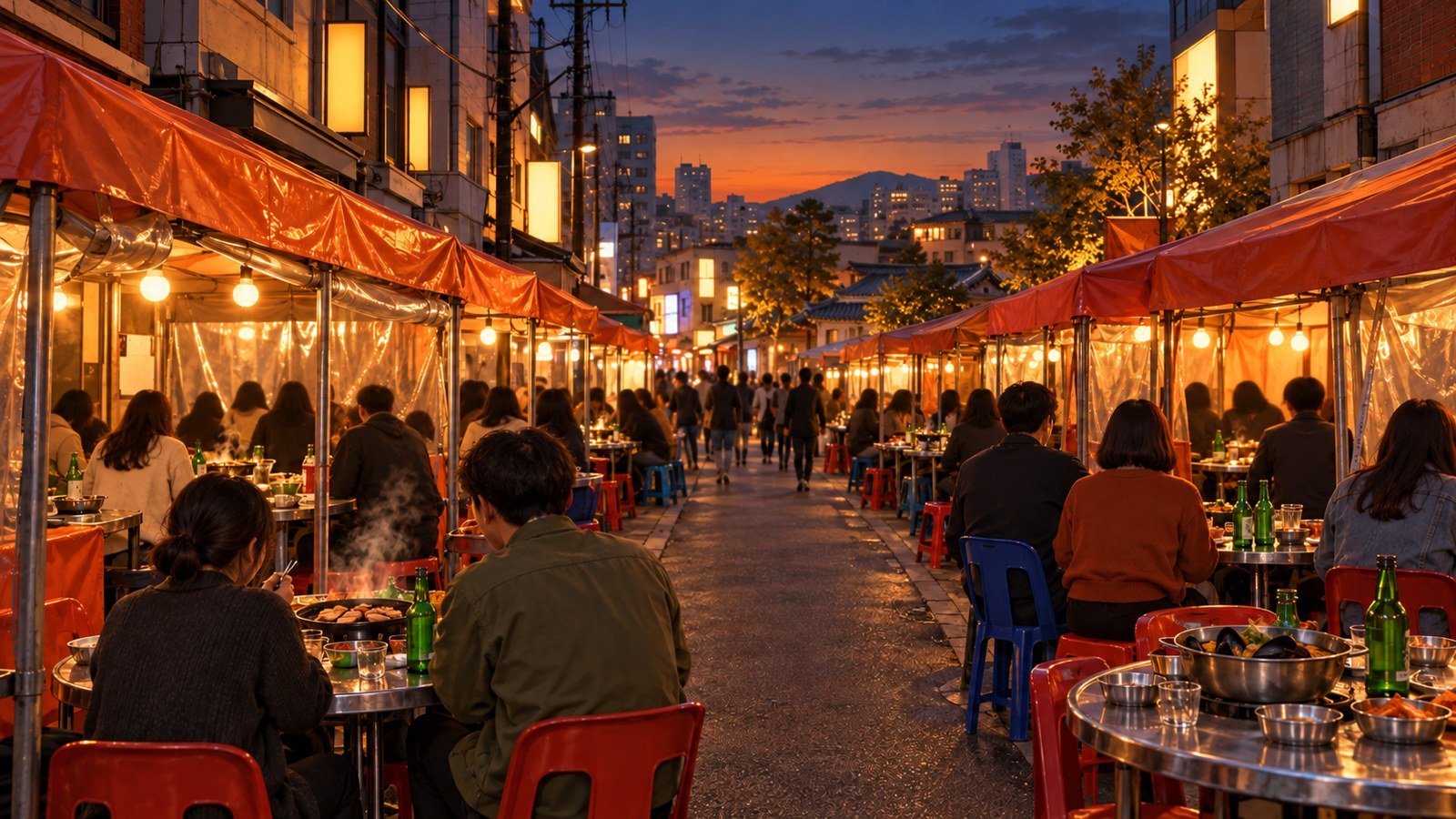 Illustration: dusk on the Jongno 3-ga pocha street, red and blue plastic stools under orange tents