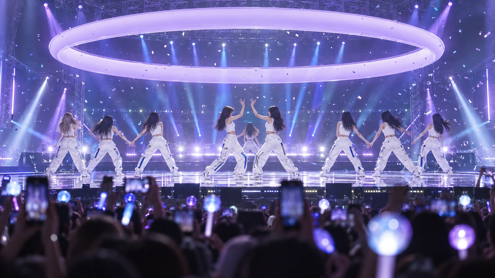 A K-pop debut stage under a glowing lavender ring, nine dancers in white, a crowd of phones and light sticks