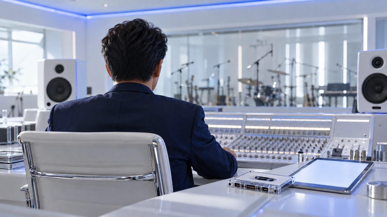 A man in a navy jacket seen from behind at a white mixing console, a cassette tape beside a tablet