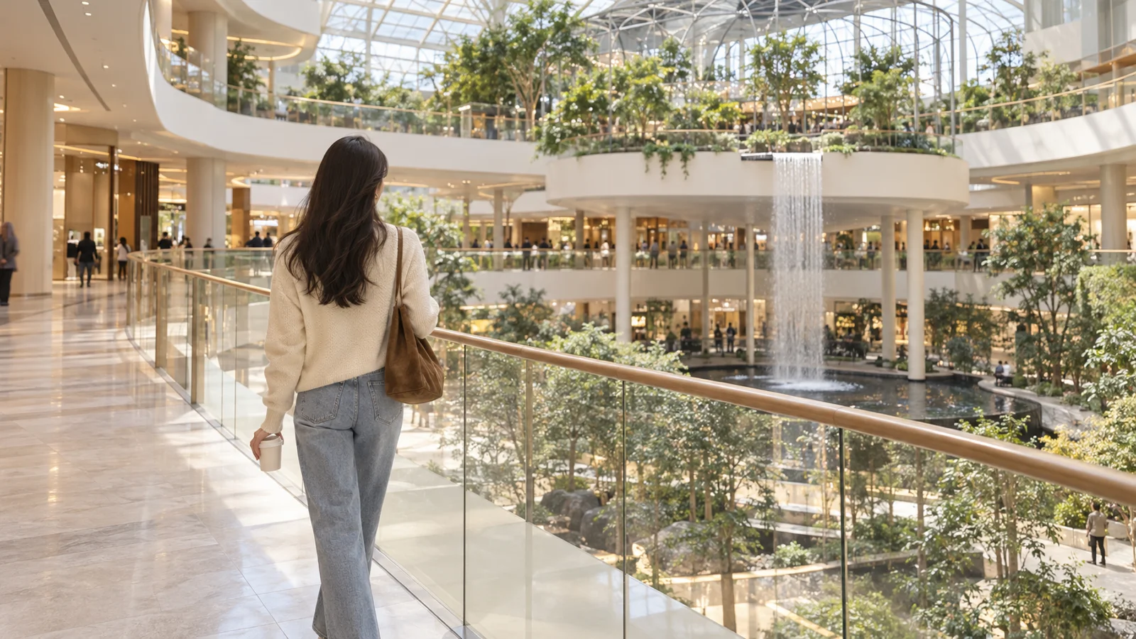 A young woman strolling through a sunlit department store garden atrium in Seoul, no shopping bags