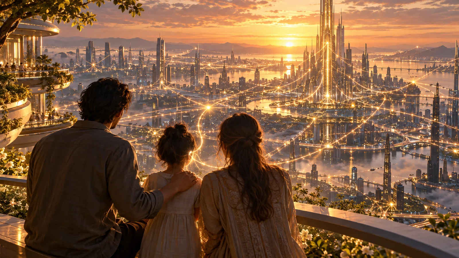 A family on a terrace at sunset watching a futuristic city where every building is linked by golden threads of light like one giant brain