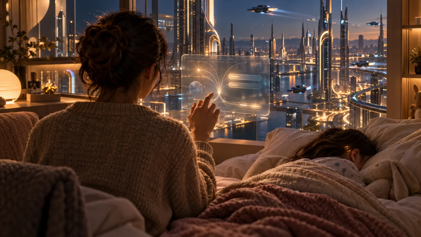 A mother sitting by her sleeping child's bed at night, pausing over a glowing consent hologram, a futuristic city of light outside the window