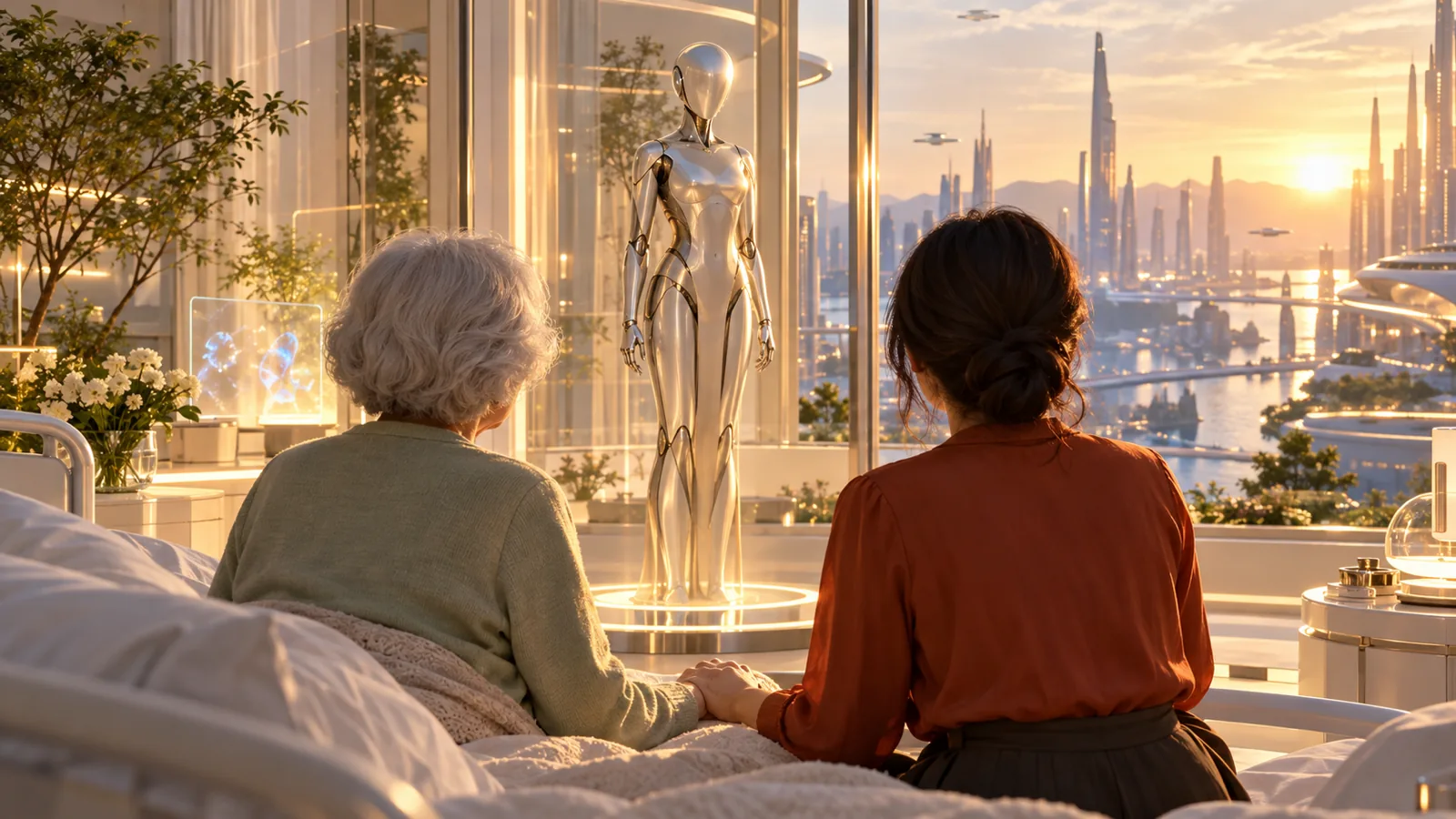 An elderly woman in a hospital bed holding her daughter's hand, a silver robot body standing on a glowing pedestal beside them
