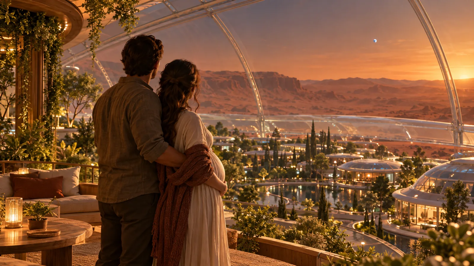 A pregnant woman and her husband inside a glass dome on Mars, looking out over gardens and the red horizon at sunset