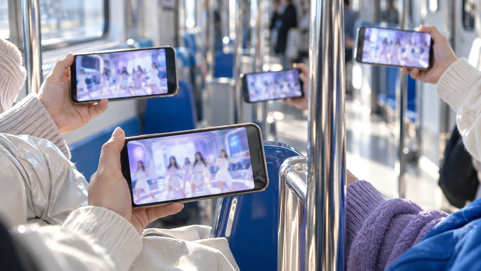 Hands on a subway holding phones that all play the same white-and-lavender dance video