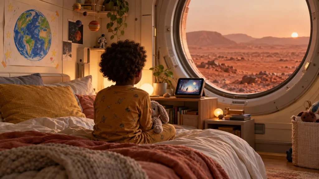 A child seen from behind on a bed in a Mars base bedroom, listening to a bedtime story