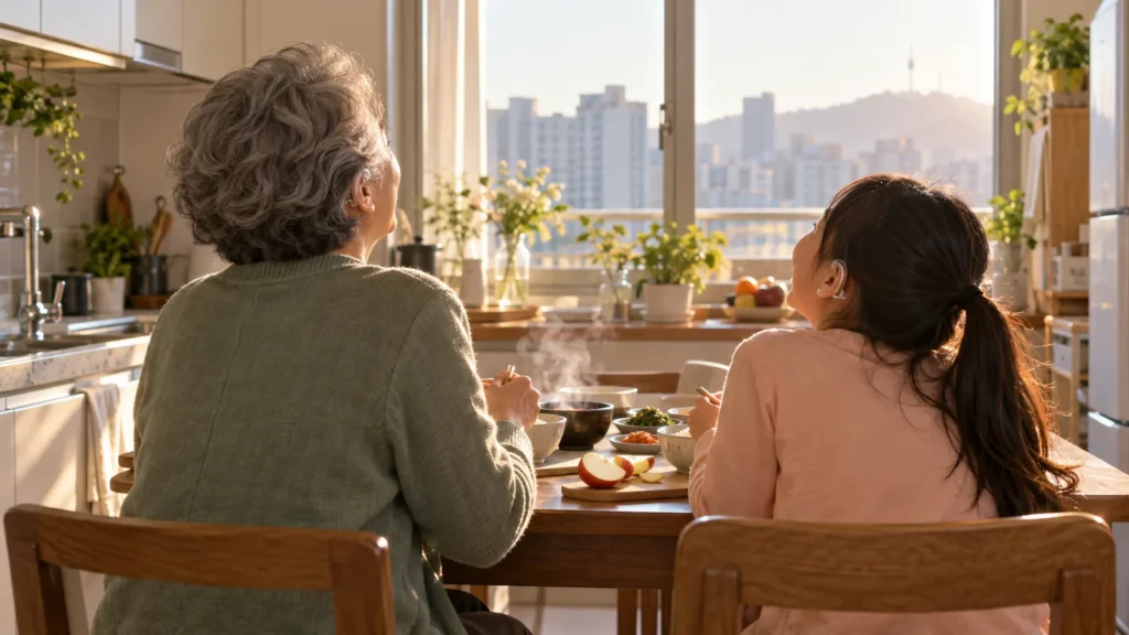 A grandmother and granddaughter at a breakfast table looking out the same window and laughing at the same moment