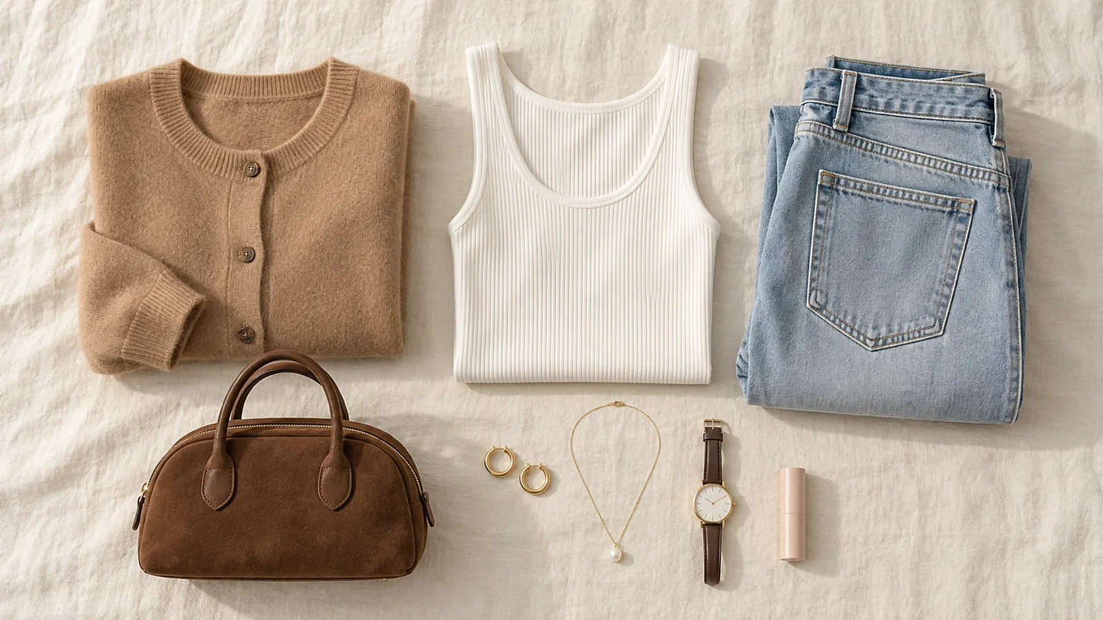 Flat lay of a Hyundai-core outfit: camel cardigan, white tank, straight jeans, suede bag, small gold jewelry