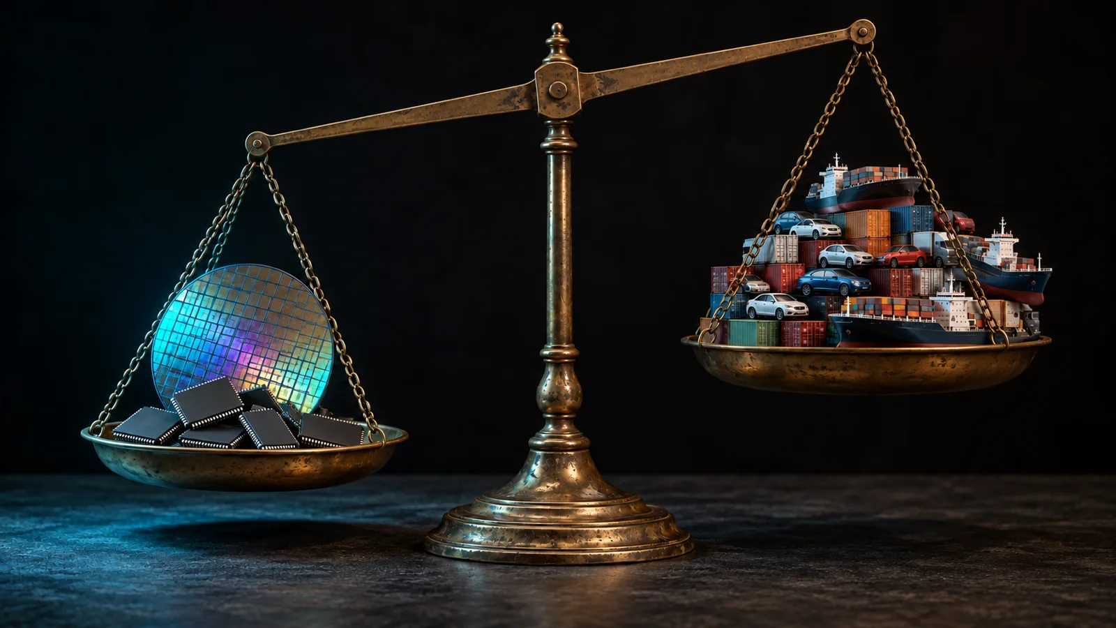A brass scale tipping toward a silicon wafer and memory chips, outweighing model ships, cars and containers