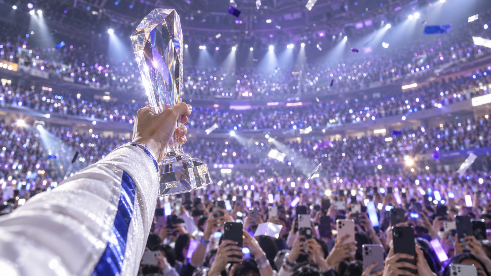 A hand in a white sleeve raises a crystal trophy over a sea of light sticks