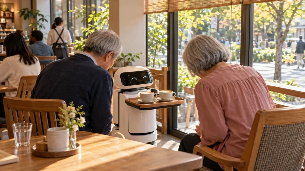 A sleek white serving robot bringing two lattes on a wooden tray to an elderly couple in a Tokyo café