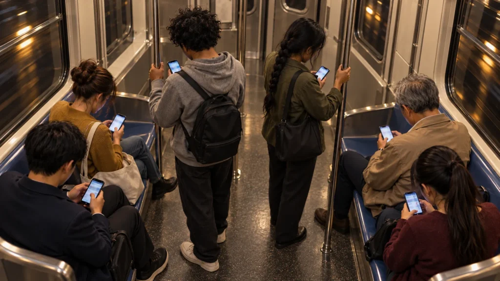 Late-night subway passengers, strangers to each other, all tapping their phones with their thumbs
