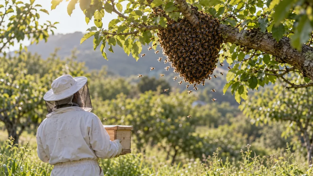 A beekeeper in a veiled hat looking up at a swarm of bees clustered like a ball on an orchard branch