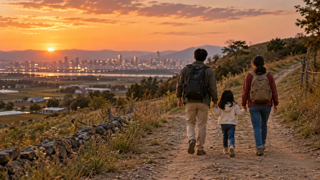 A young family with backpacks walking over a hill at dusk, a lit city glowing far behind them