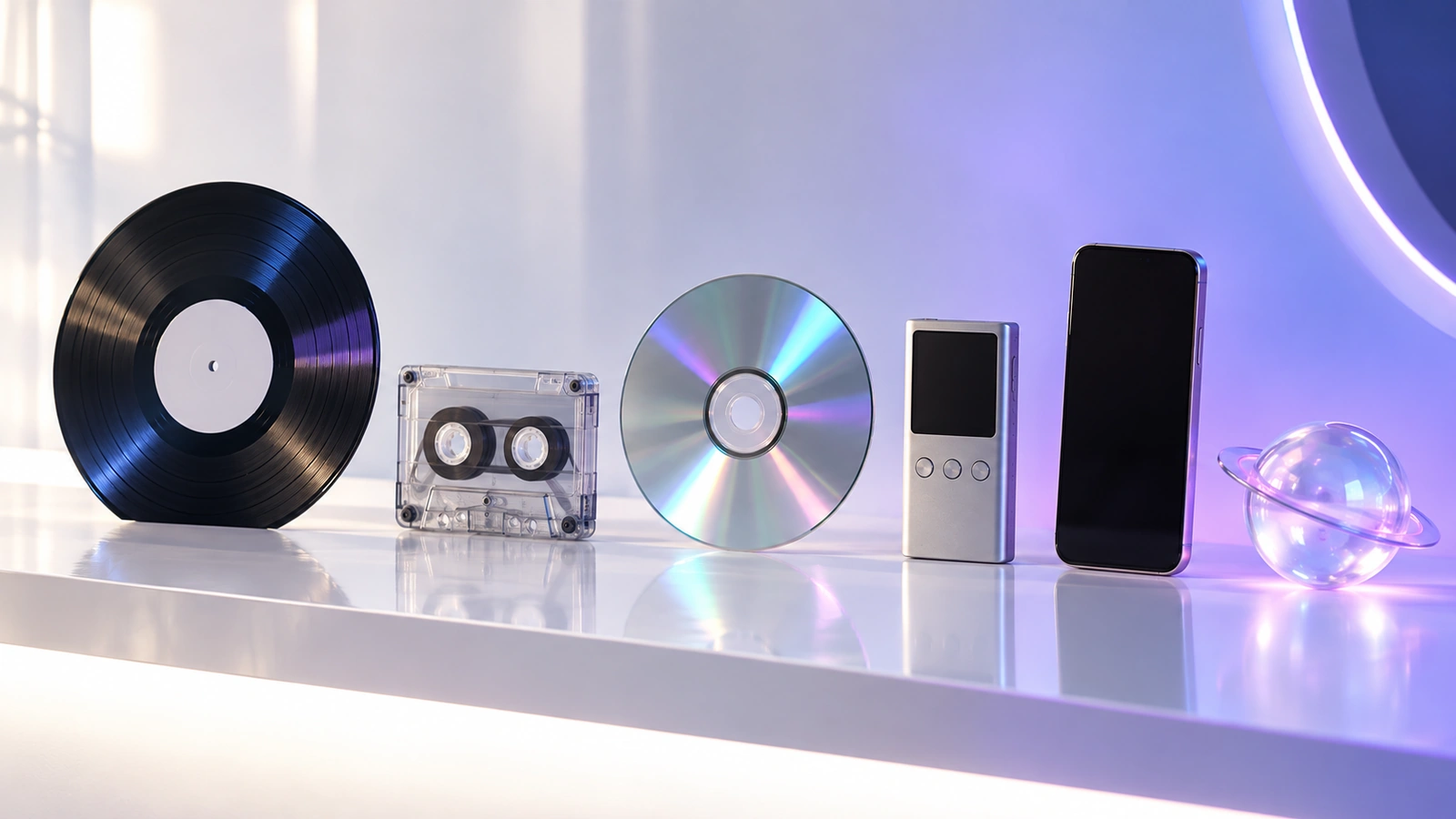 A vinyl record, cassette, CD, MP3 player, smartphone and a small glowing planet on a white shelf