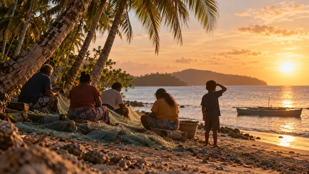 Villagers mending nets on a Micronesian beach at dusk while a boy shields his eyes from the glare