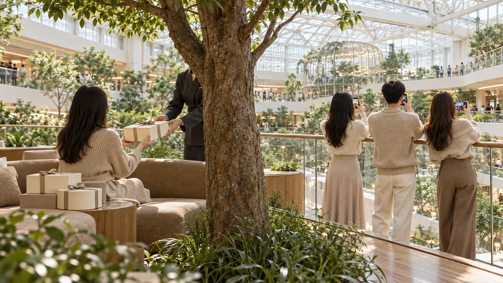 Two groups of young shoppers in the same department store atrium, one with gift boxes and one with only phones