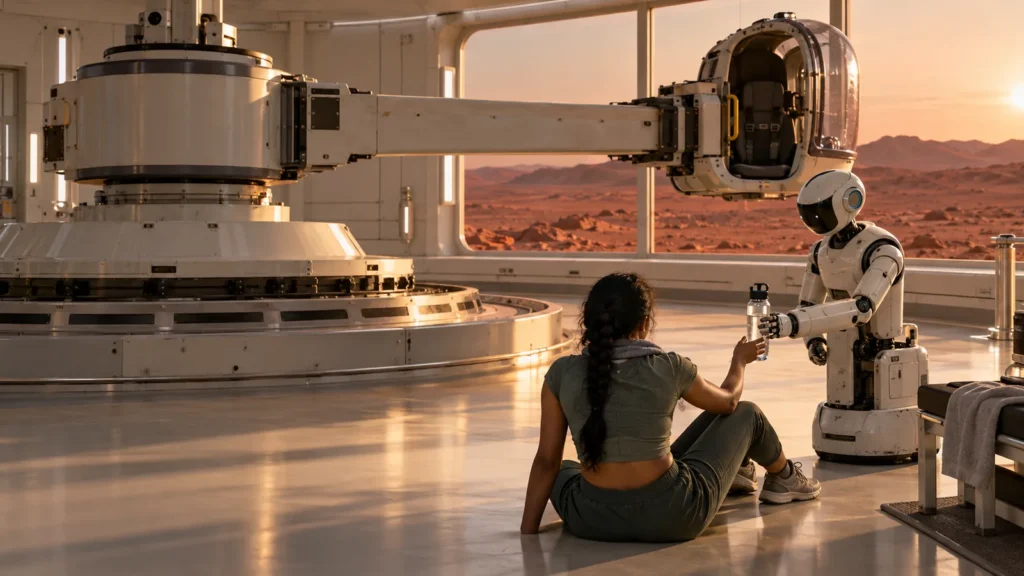 A girl in workout clothes sitting on the floor catching her breath after centrifuge training while a nursing robot hands her a water bottle