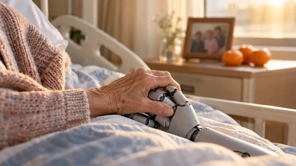 An old woman's wrinkled hands wrapped around a smooth gray robot hand at a nursing hospital bedside