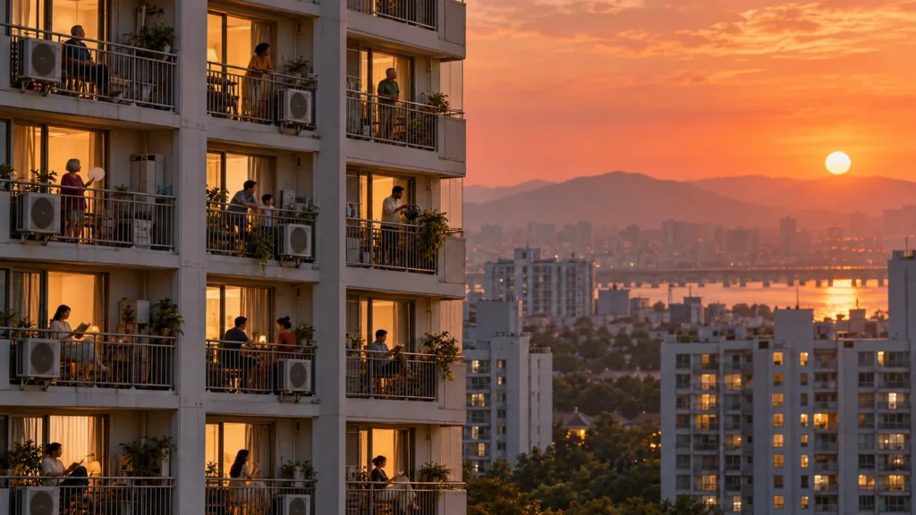 Silhouettes of apartment residents stepping onto their balconies at dusk to catch the breeze