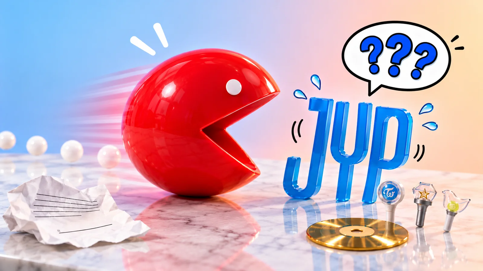 A glossy red, sun-shaped chomping figure opens its mouth to swallow the JYP Entertainment logo, with an unsigned document crumpled nearby.