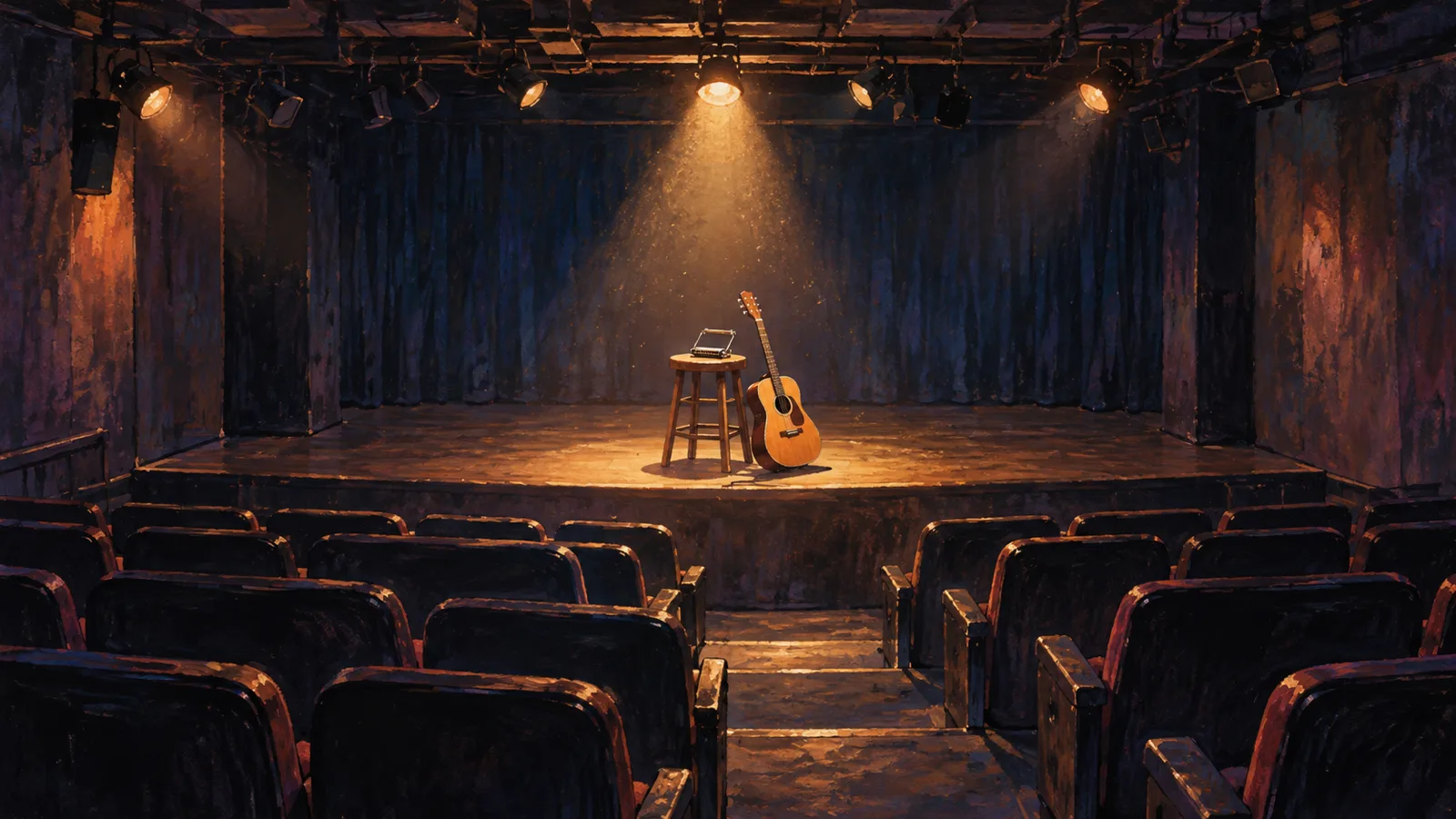 Empty small-theater stage in Seoul with an acoustic guitar and harmonica on a stool, a tribute to Kim Kwang-seok