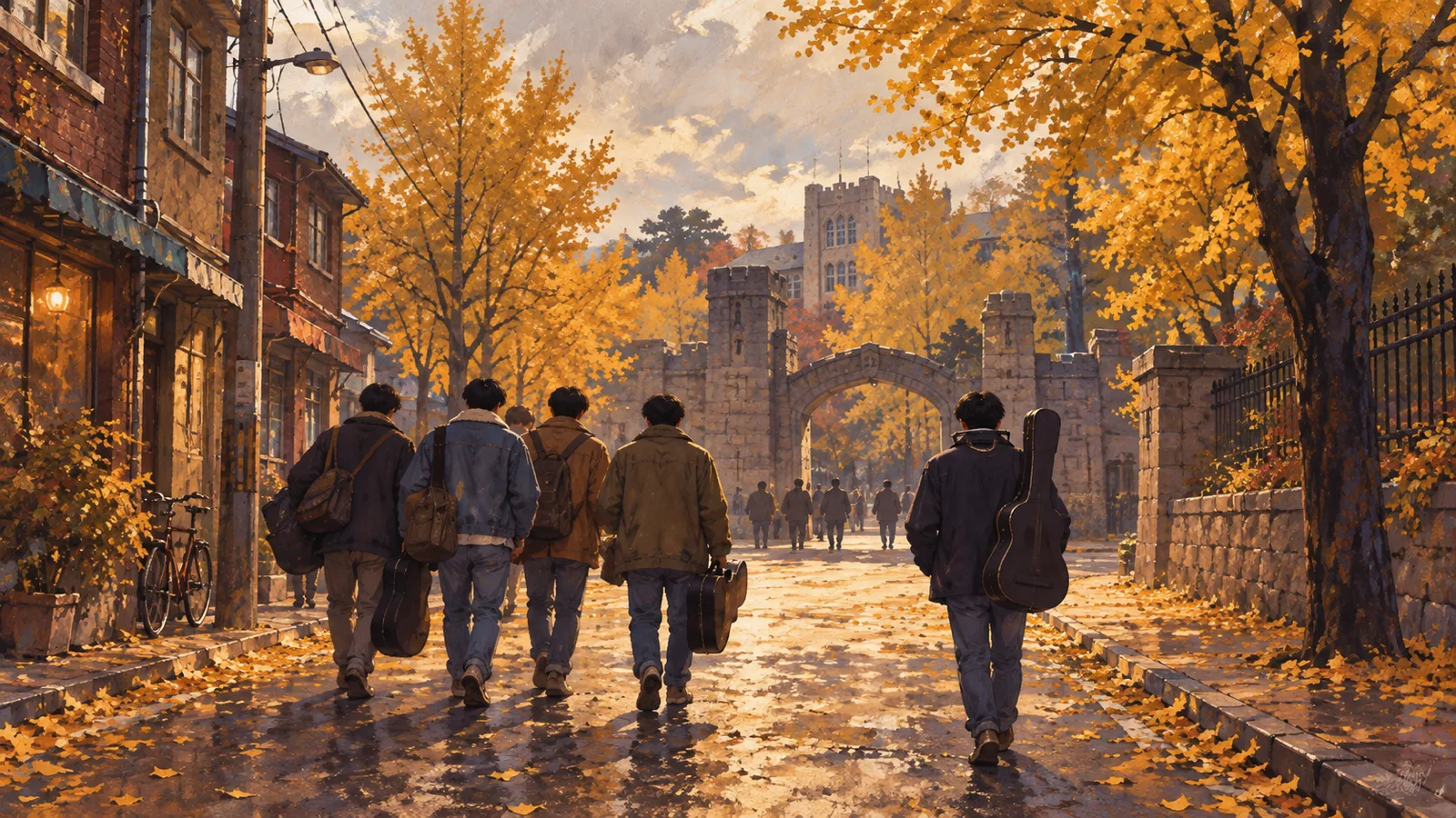 Young men carrying guitar cases on an autumn street in Sinchon, Seoul, late 1980s