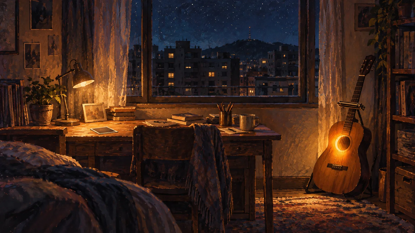 A lonely room at night with starlight on the window and an acoustic guitar