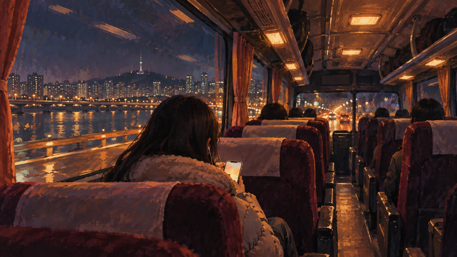 A young woman on a night bus to Seoul, listening to Kim Kwang-seok