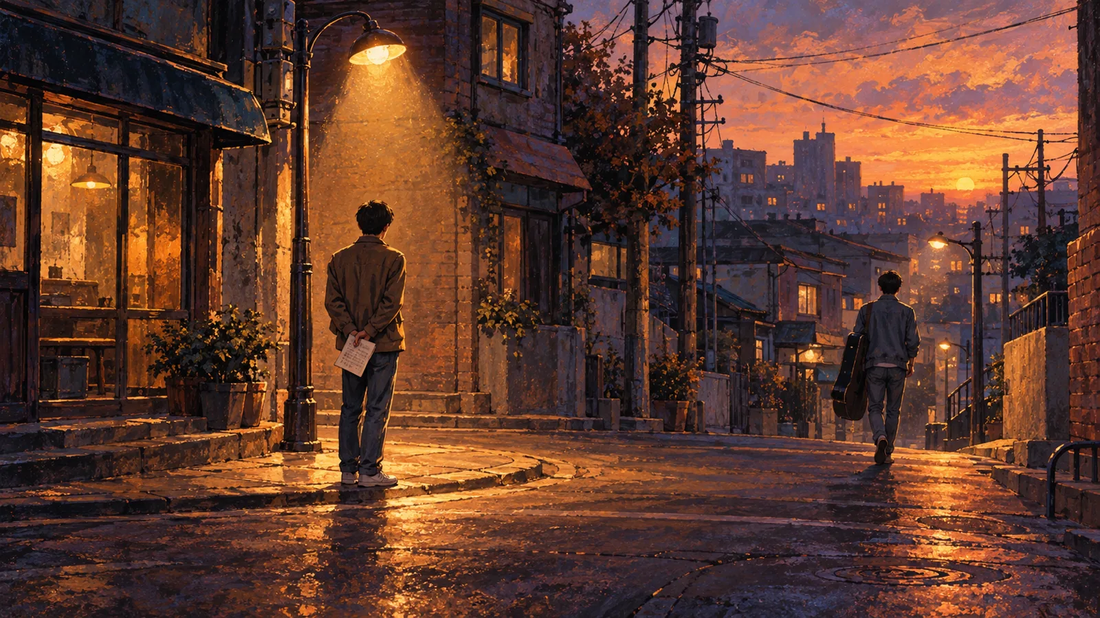 Two friends parting at a Seoul crossroads at dusk, one carrying a guitar case