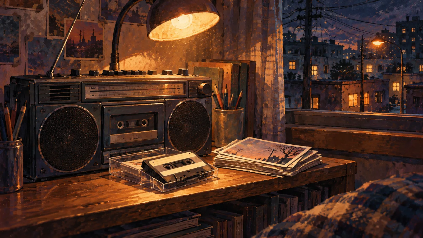 A 1989 cassette radio and tapes on a shelf, late-night radio in Korea