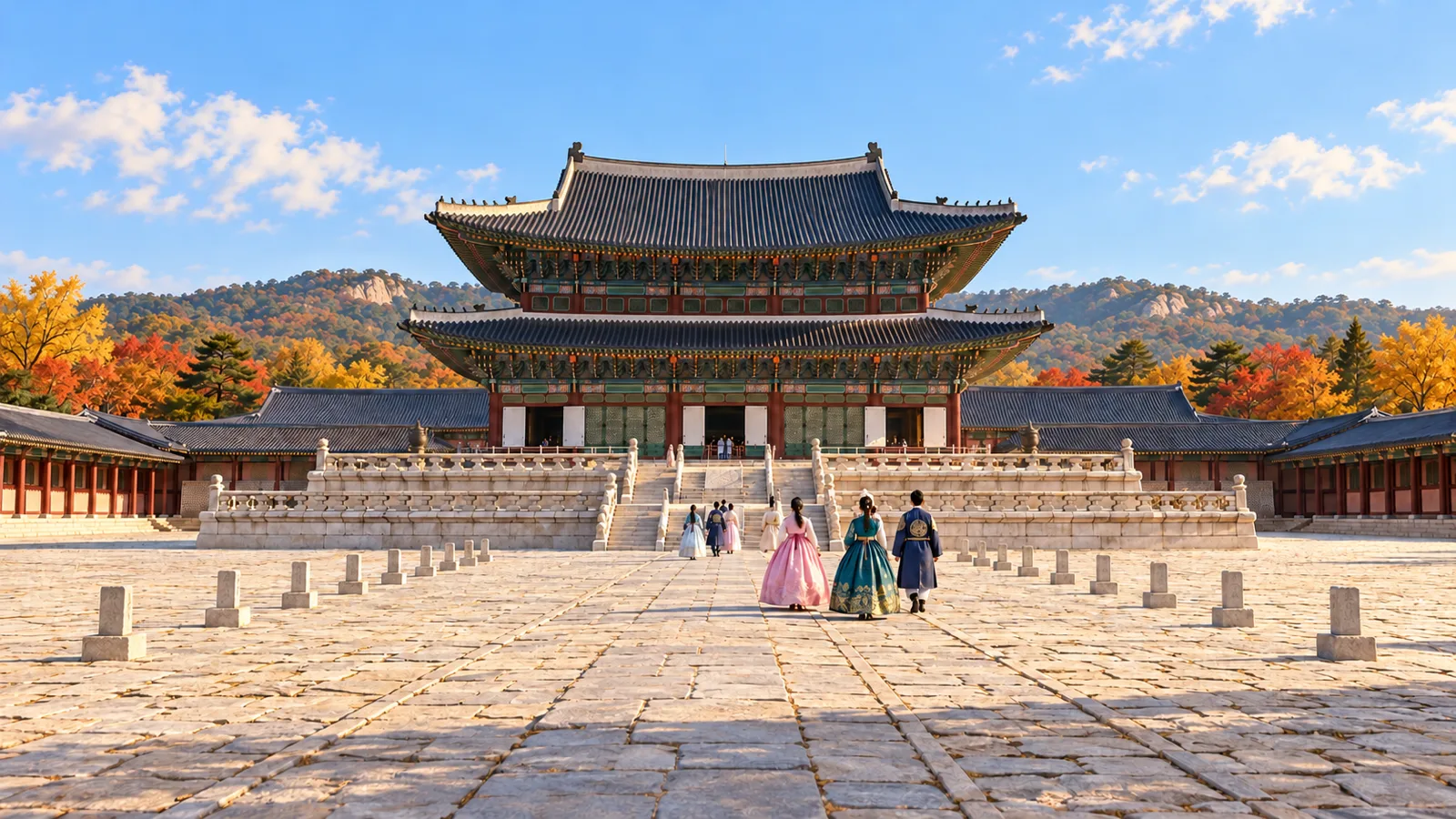 Illustration: Travelers in hanbok crossing the courtyard of Geunjeongjeon Hall at Gyeongbokgung Palace
