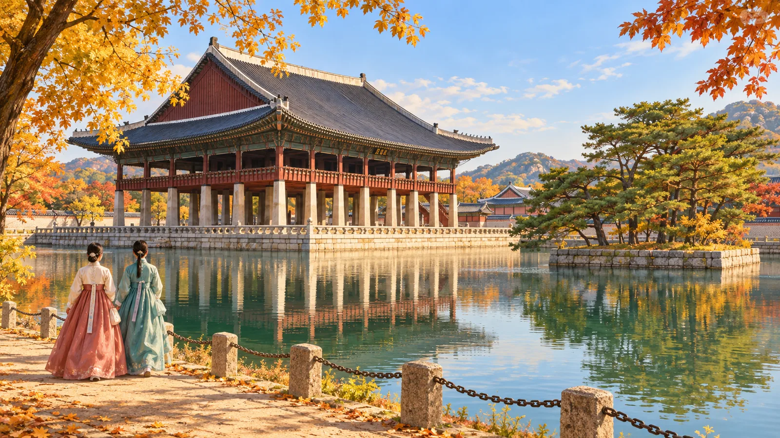 Illustration: Gyeonghoeru Pavilion reflected in its pond, with two visitors in hanbok