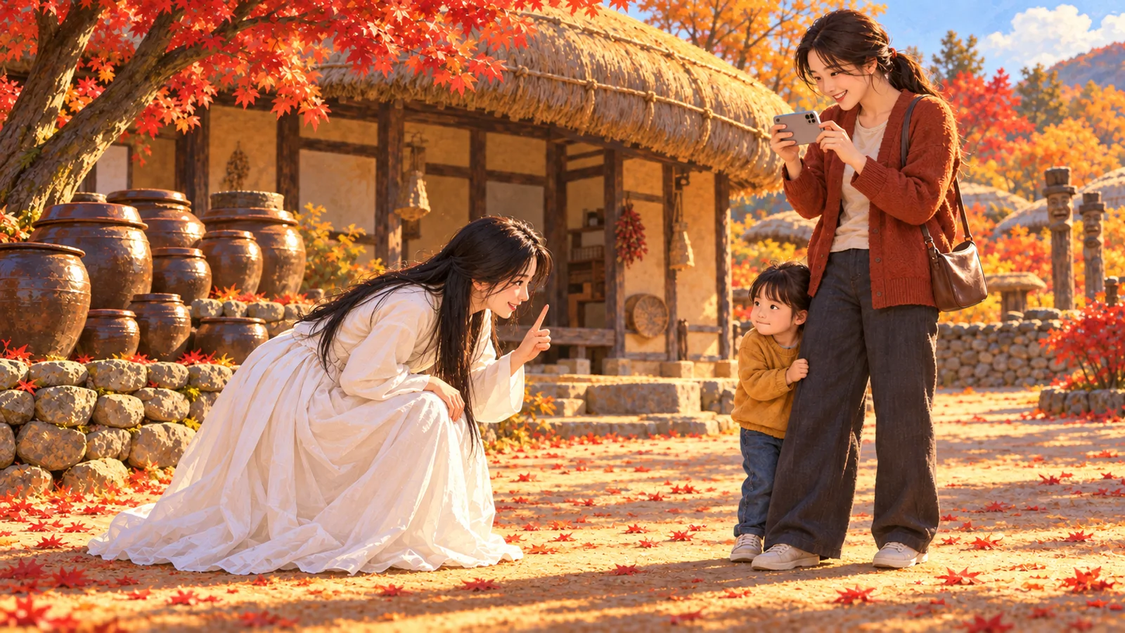 Illustration: a maiden ghost in white kneels to scold a small child at the Korean Folk Village while the mother films and laughs