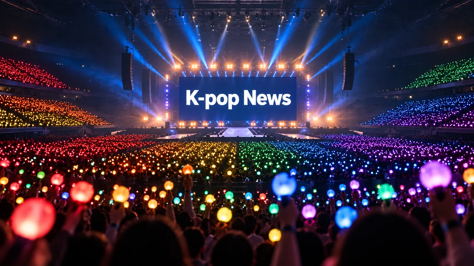 Concert arena filled with glowing lightsticks under a stage screen reading K-pop News