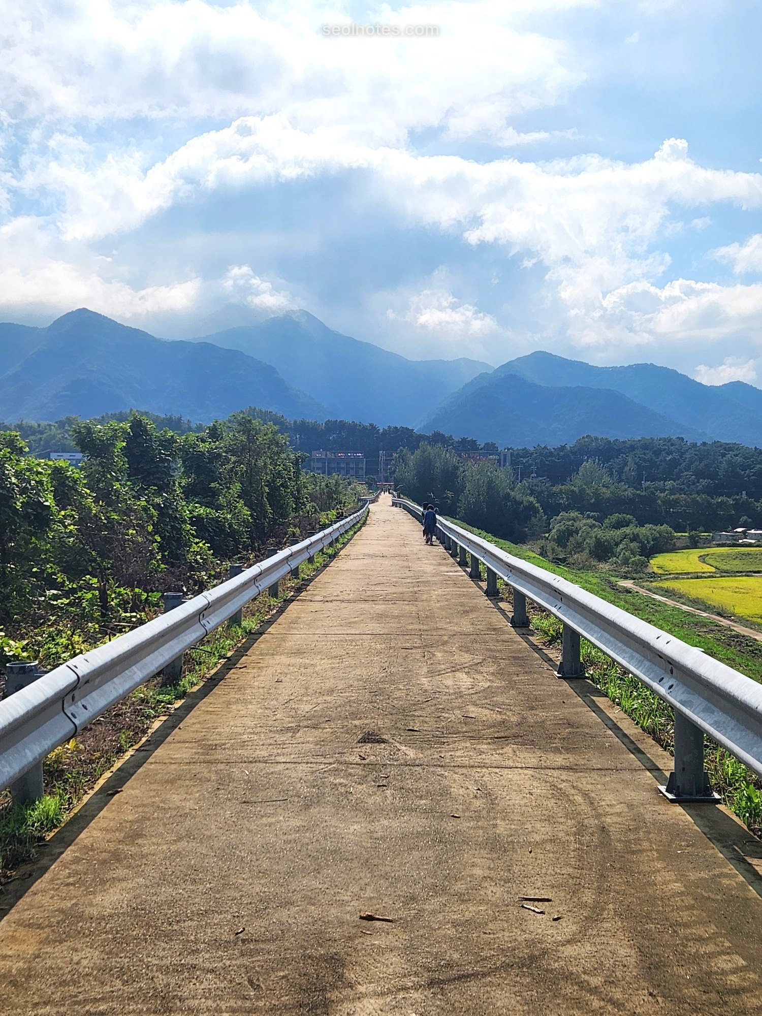 A long embankment road leading toward blue mountains