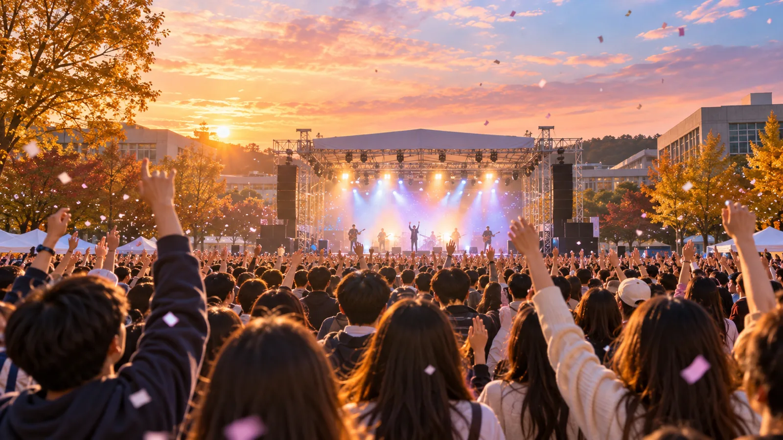 A crowd of students with arms raised at a Korean university festival stage at dusk