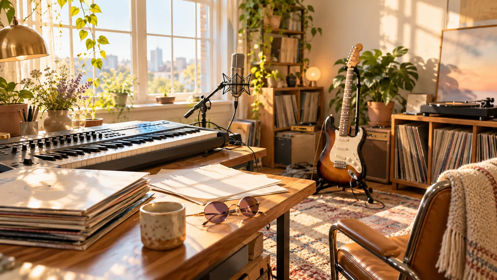 A sunlit home music studio with a synthesizer, electric guitar and round sunglasses on the desk