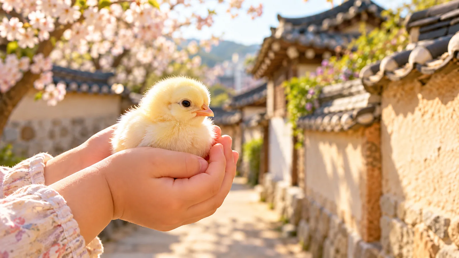 A child's cupped hands holding a fluffy yellow chick in spring sunlight