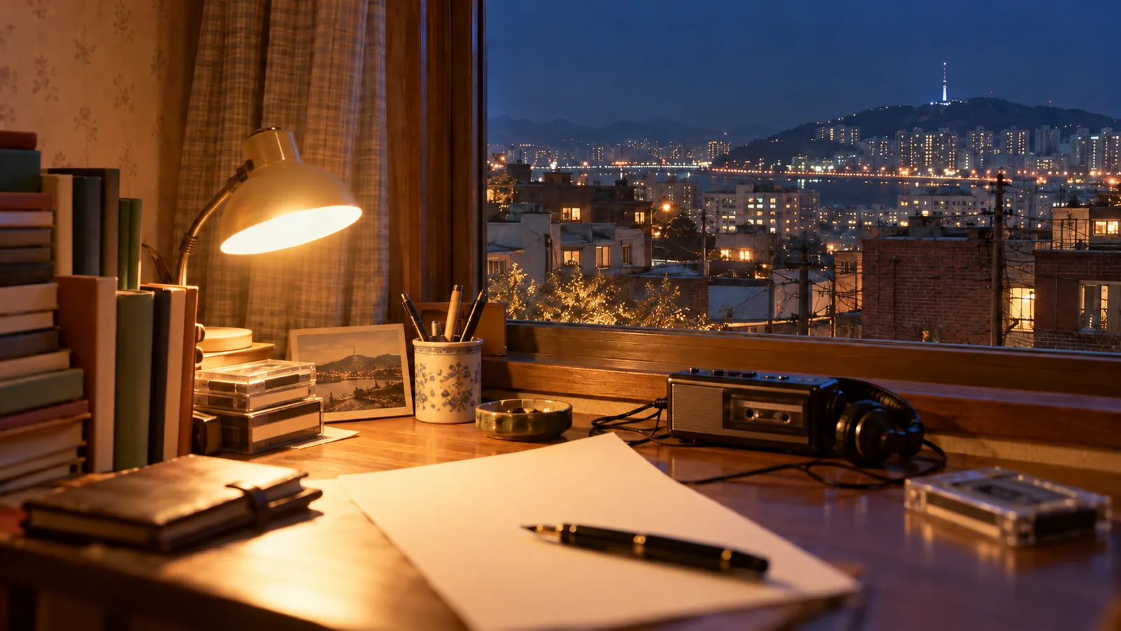 A handwritten letter, fountain pen and cassette player on a desk by a night window in 1991 Seoul