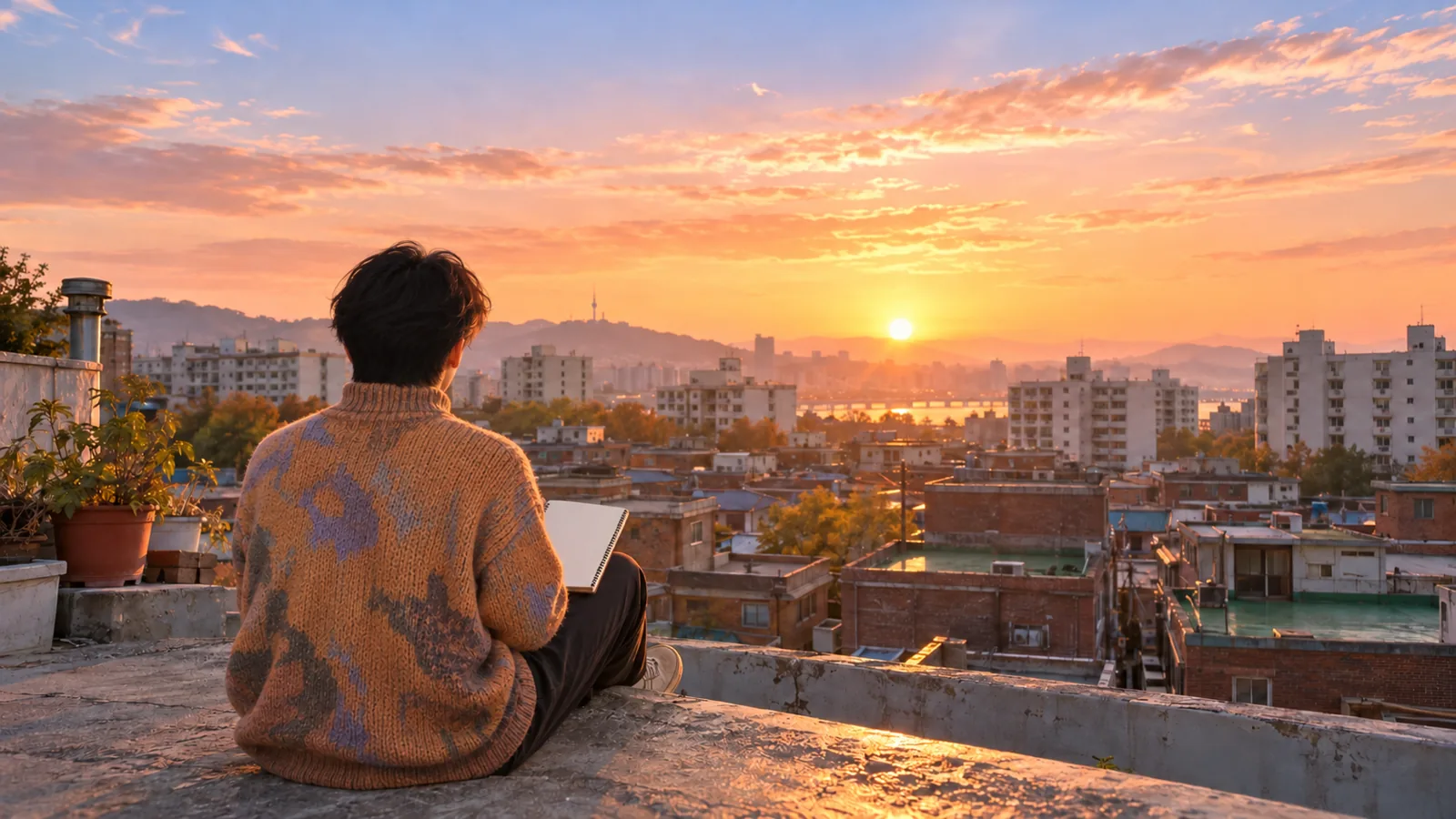A young man seen from behind on a Seoul rooftop at dawn with a notebook