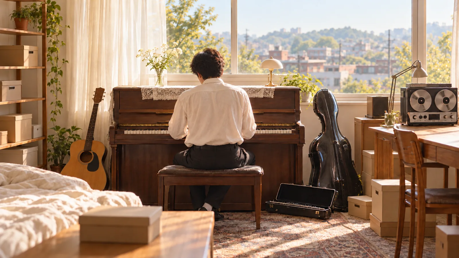 A bright 1980s Seoul room with a young man seen from behind at an upright piano, a guitar, cello case and tape recorder around him