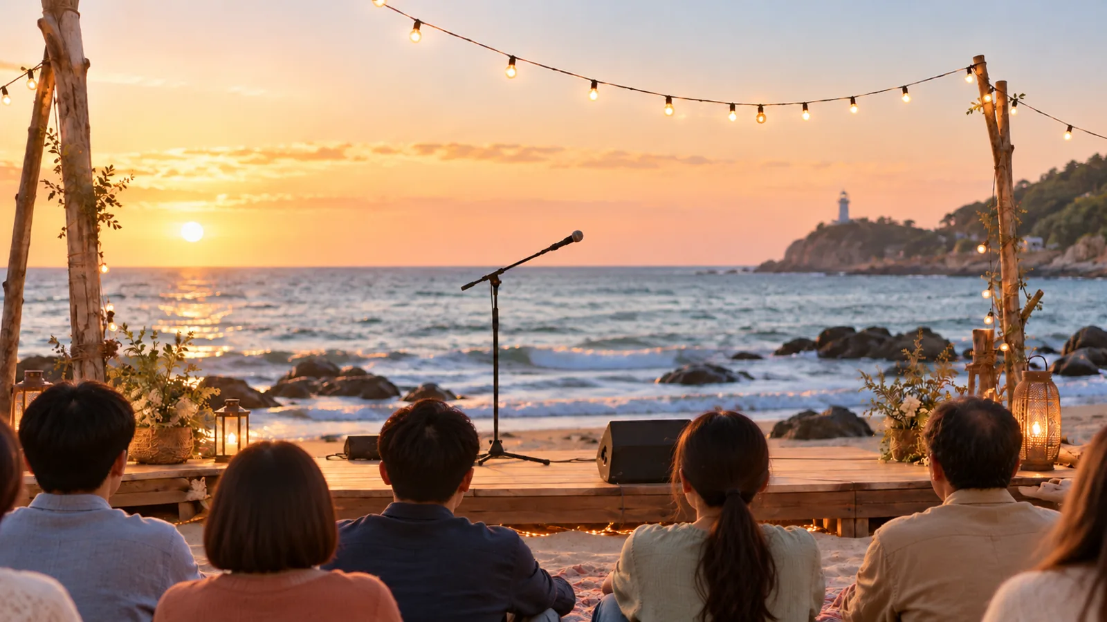 An open-air music stage on a Korean beach at sunset with one microphone and listeners seen from behind