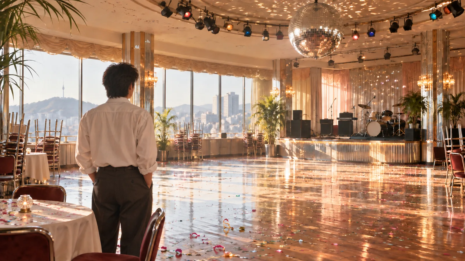 An empty 1980s dance hall in morning light with a mirror ball and a lone young man seen from behind at the edge of the floor