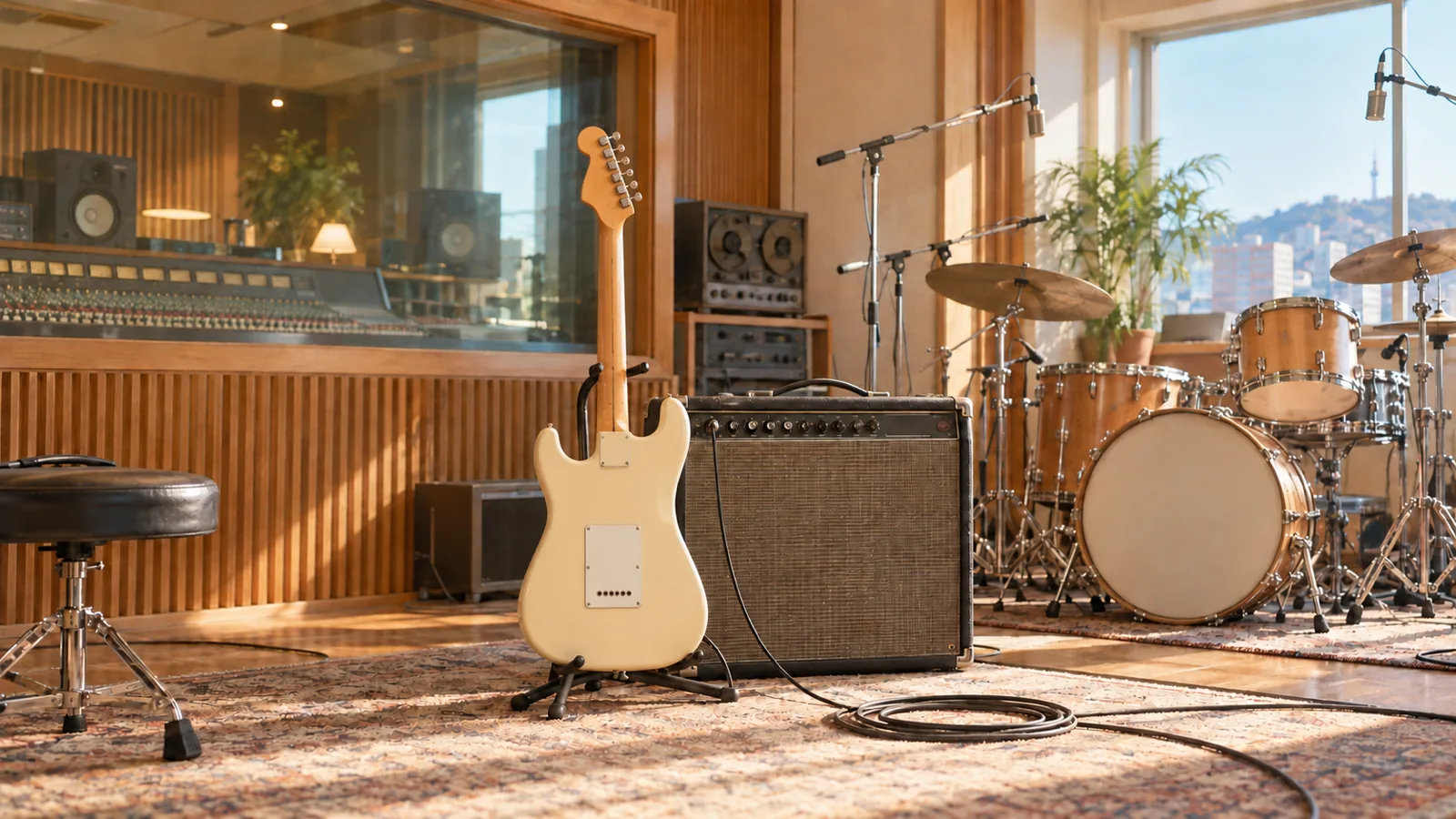 An electric guitar in front of a vintage amplifier in a bright 1980s recording studio