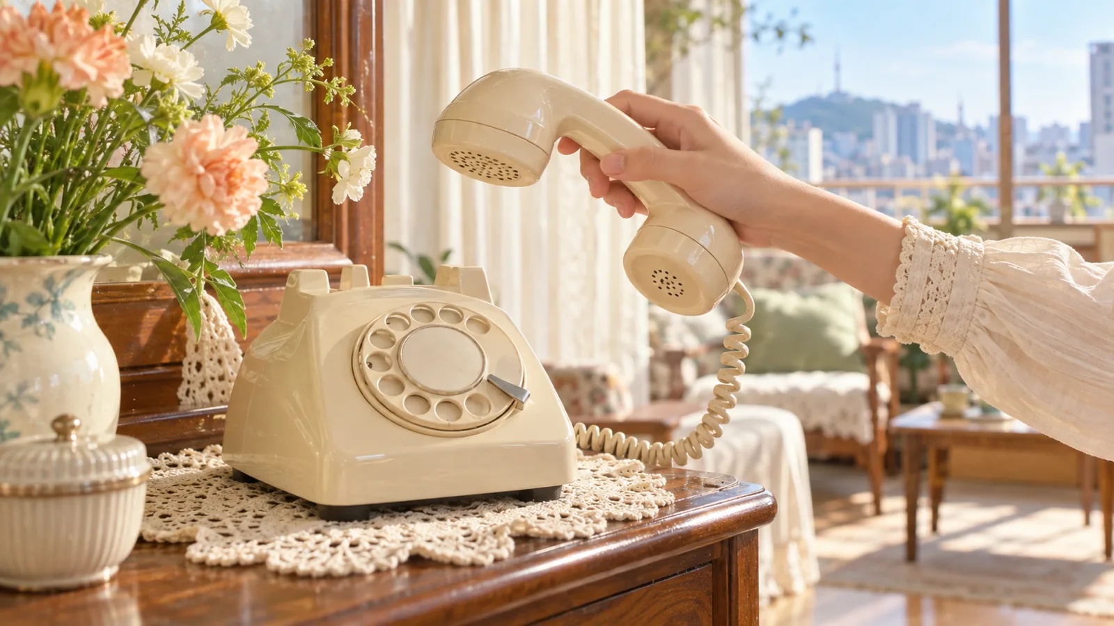 A cream rotary telephone on a lace doily as a woman's hand lifts the receiver in a sunny 1980s living room