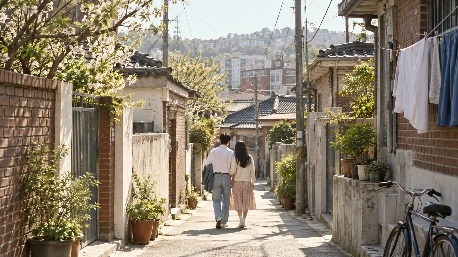 A young couple seen from behind walking down a narrow late-1980s Seoul alley on a spring afternoon