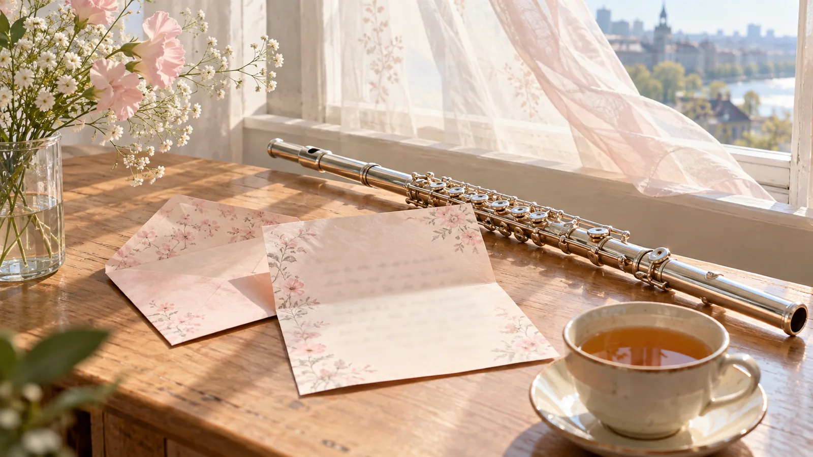 An opened handwritten letter on pink stationery beside a silver flute and a cup of tea by a bright window